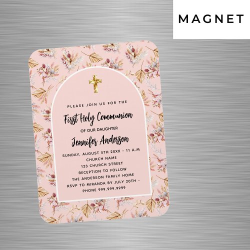 First Communion rose gold flower pampas invitation Magnet