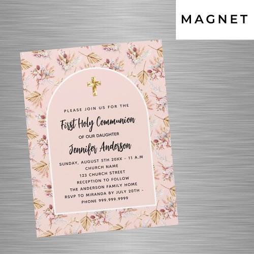 First Communion rose gold flowers pampas luxury Magnetic Invitation
