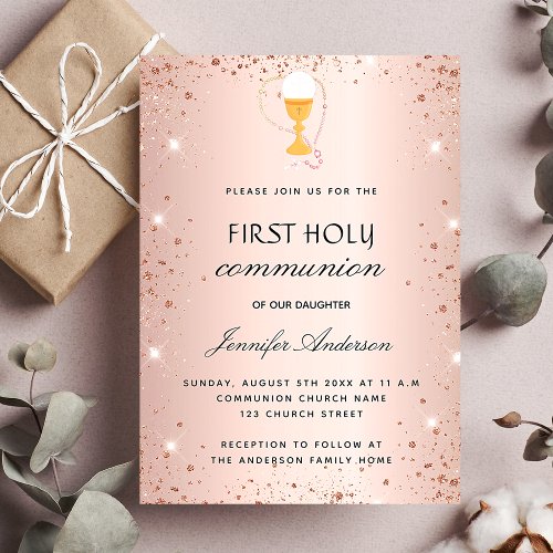 First communion rose gold glitter chalice host invitation postcard