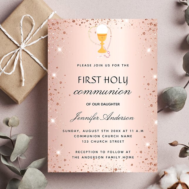 First communion rose gold glitter chalice host invitation postcard (Creator Uploaded)
