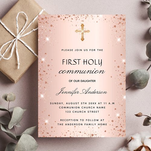First communion rose gold glitter girl invitation postcard