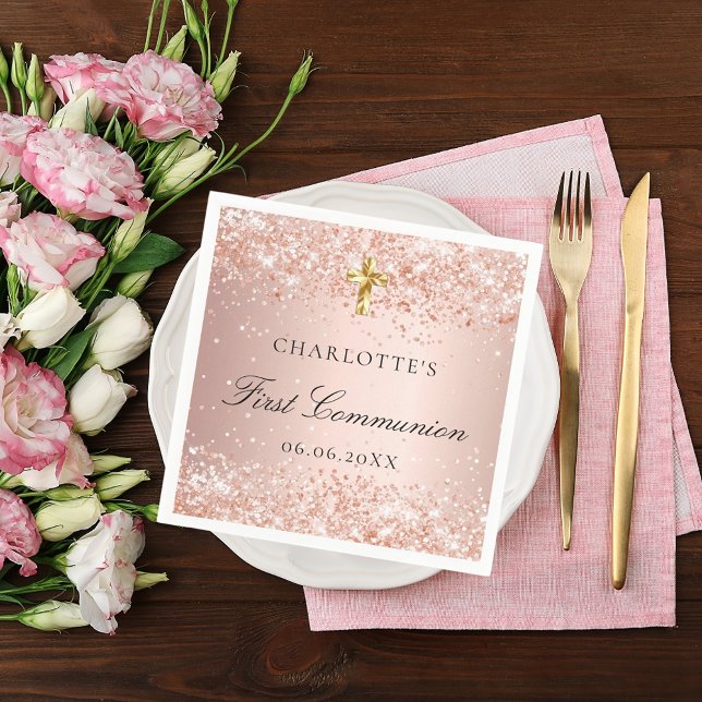 First Communion rose gold glitter name Napkins (Creator Uploaded)
