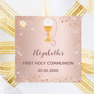 First communion rose gold glitter thank you favor tags