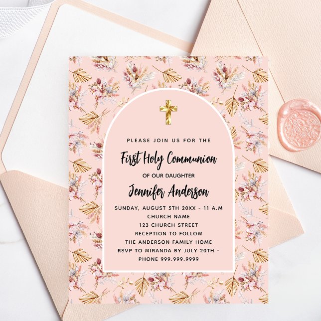 First Communion rose gold pampas budget invitation (Creator Uploaded)