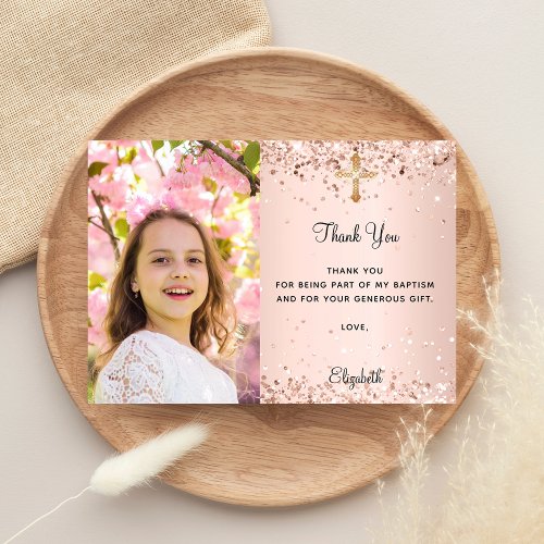 First Communion rose gold photo thank you card