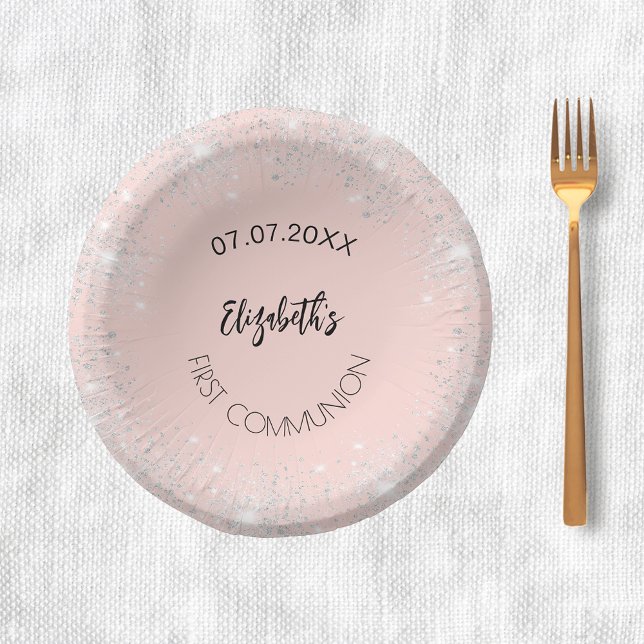 First Communion rose gold silver glitter girl name Paper Bowls (Creator Uploaded)