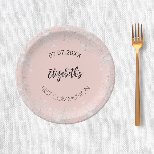 First Communion rose gold silver glitter girl name Paper Plates