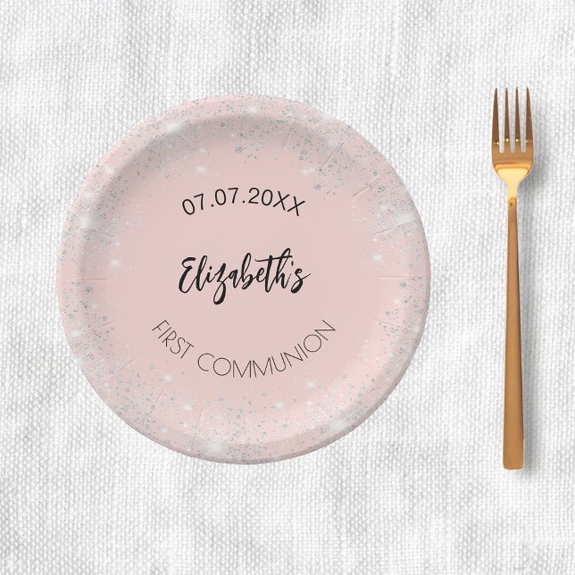 First Communion rose gold silver glitter girl name Paper Plates (Creator Uploaded)