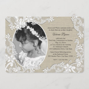 First Communion Rustic Floral with Photo Invitation