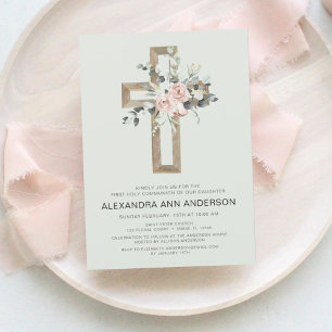 First Communion Sage Green Blush Pink Floral Invitation