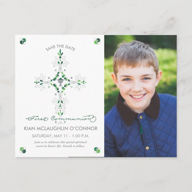 First Communion Save The Date Postcard, Boy, Girl Announcement Postcard (Front)