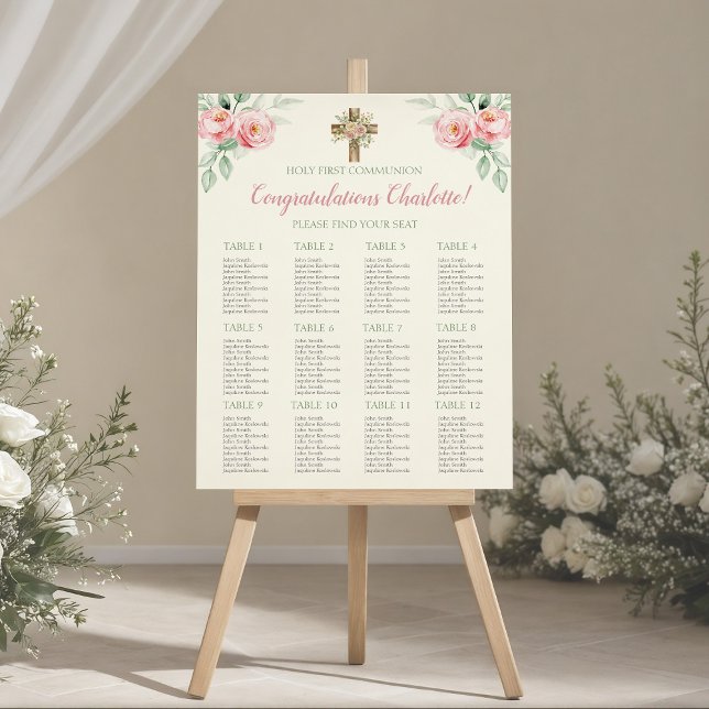 First Communion Seating Chart/ Thank You Sign (Watercolor Pink Floral Roses with Script and Cross Seating Chart for 12 Tables Reversable- Front)
