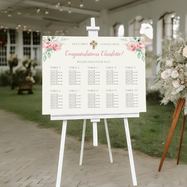 First Communion Seating Chart/ Thank You Sign (Holy First Communion Seating Chart with Pink Watercolor Roses and Greenery Reversable )
