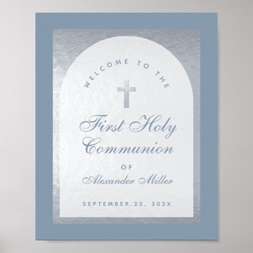 First Communion Silver Arch Dusty Blue Welcome Poster