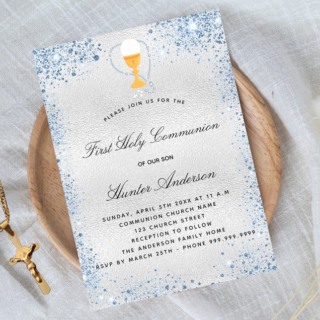 First communion silver blue boy invitation postcard (Creator Uploaded)
