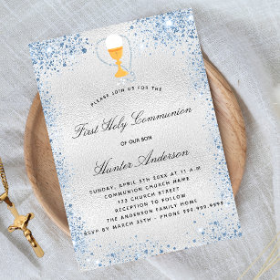 First communion silver blue boy luxury invitation