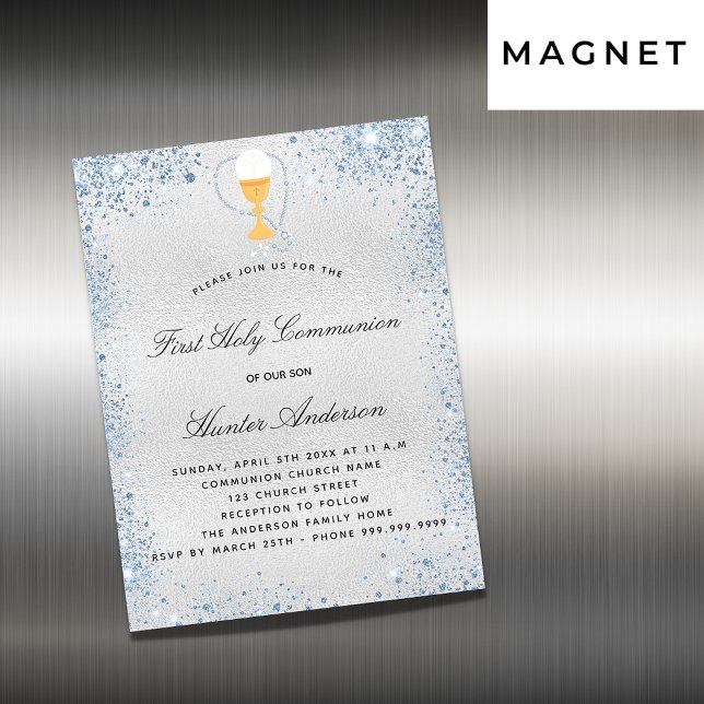 First communion silver blue boy luxury magnetic invitation (Creator Uploaded)