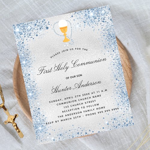 First communion silver blue budget invitation flyer