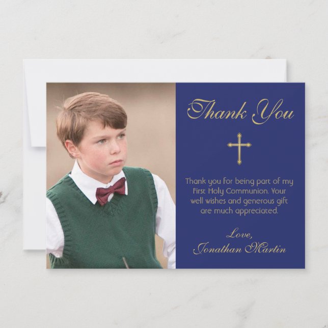 First Communion Simple Gold Cross Blue Photo Thank You Card (Front)