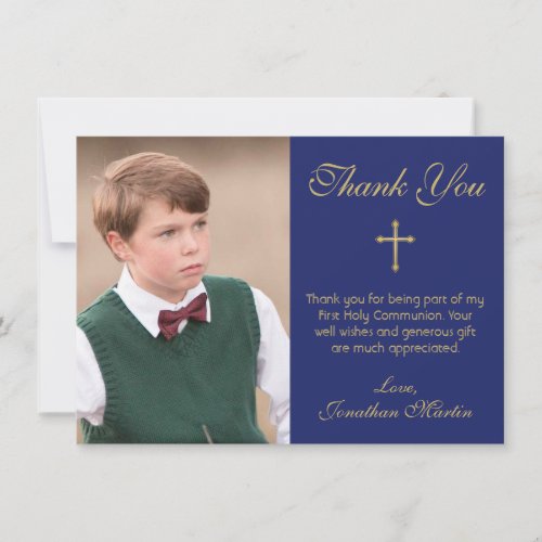 First Communion Simple Gold Cross Blue Photo Thank You Card