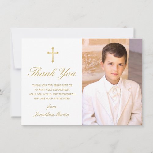 First Communion Simple Gold Cross Photo Thank You Card