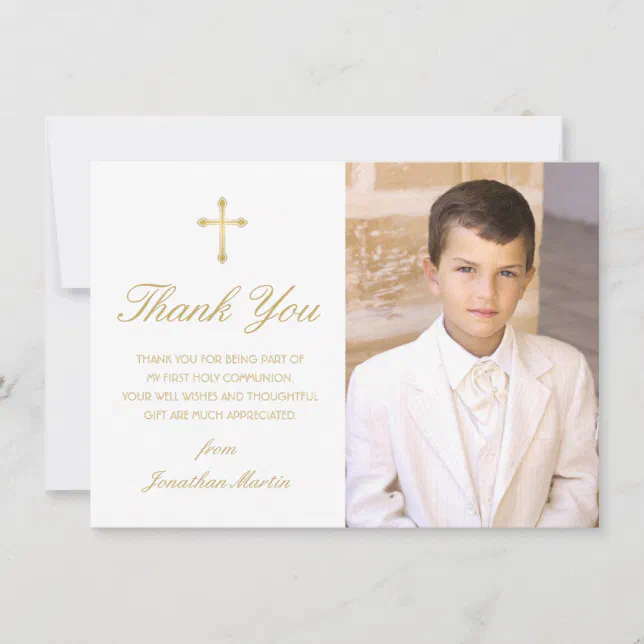 First Communion Simple Gold Cross Photo Thank You Card | Zazzle