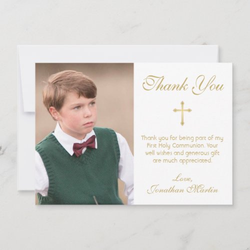 First Communion Simple Gold Cross White Photo Thank You Card