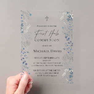 First Communion small blue watercolor flowers Acrylic Invitations