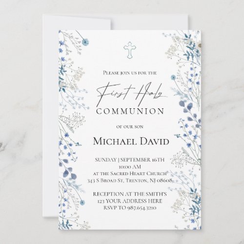 First Communion small blue watercolor flowers