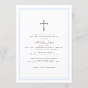 First Communion Soft Blue and Brown Invitation