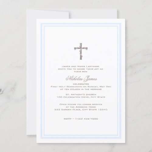 First Communion Soft Blue and Brown Invitation