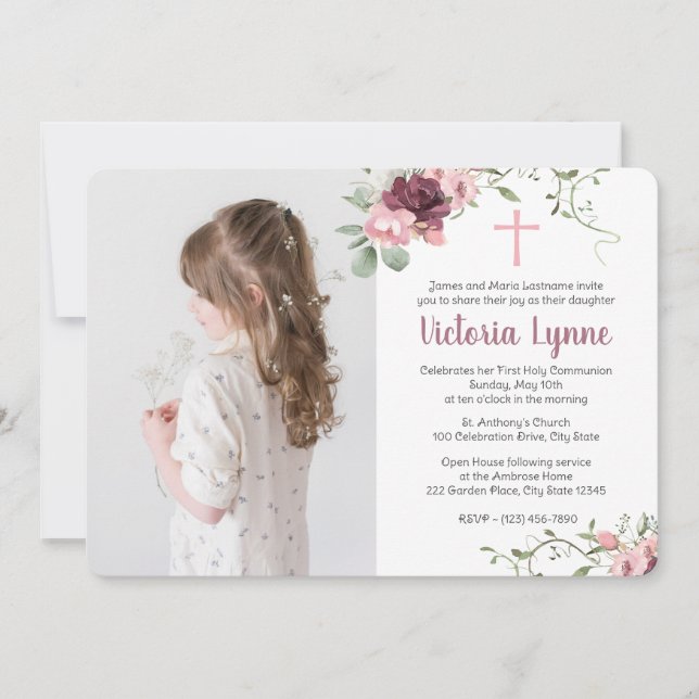 First Communion Soft Pink Floral with Photo Invitation (Front)