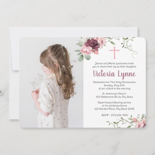 First Communion Soft Pink Floral with Photo Invitation