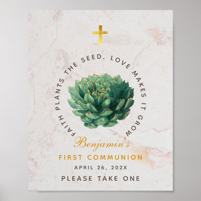 First Communion Succulent Favors Gold Botanical Poster (Front)