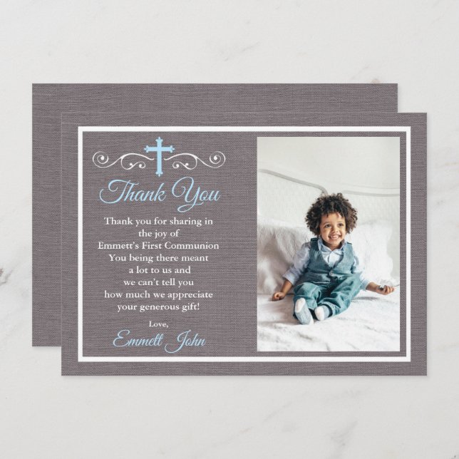 First Communion Thank You Card Boy Blue Grey (Front/Back)