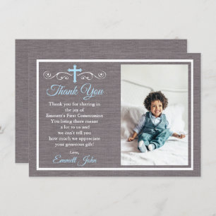 First Communion Thank You Card Boy Blue Grey