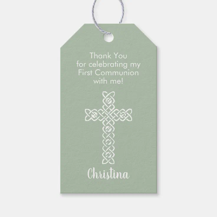 First Communion Thank You Favor Sage Green Gift Tags | Zazzle