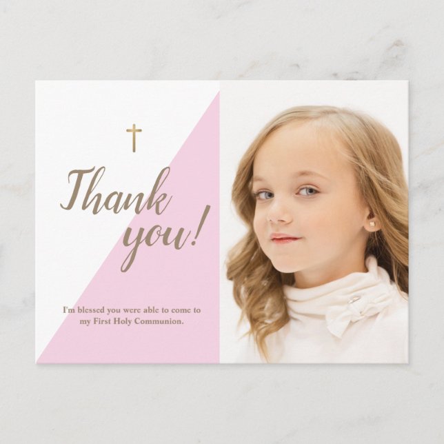 First Communion Thank You Modern pink Photo Postcard (Front)