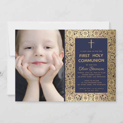First Communion Vintage Blue Gold Floral Photo Invitation