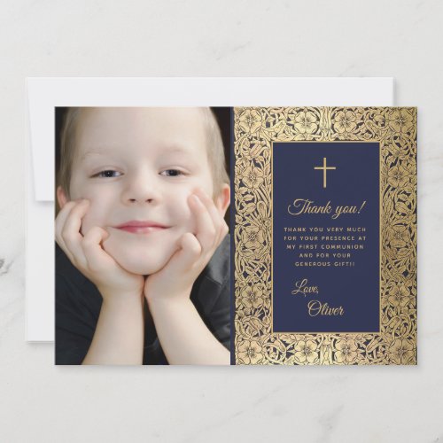 First Communion Vintage Blue Gold Floral Photo Thank You Card