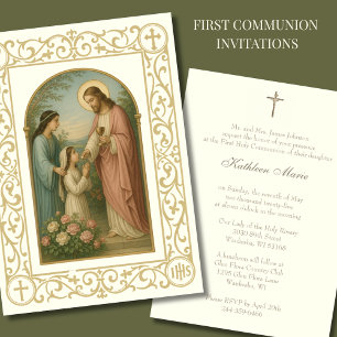First Communion Vintage Girl with Jesus  Invitation