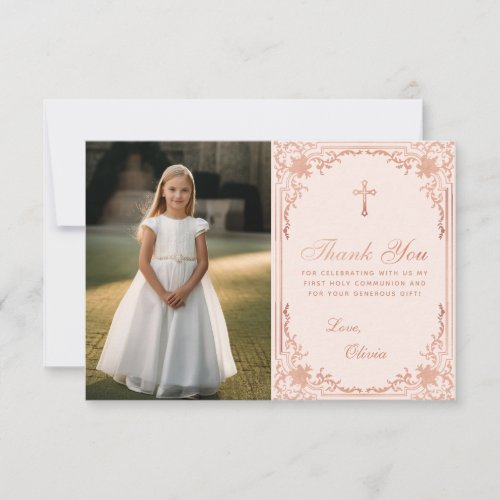 First Communion Vintage Pink Rose Gold Girl Photo Thank You Card