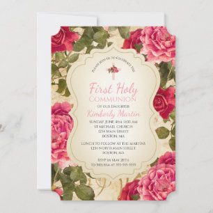 First Communion Vintage Pink Roses Floral Invitation