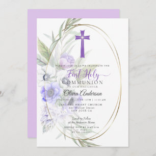 FIRST COMMUNION Violet Anemone Floral Cross 2 Invitation