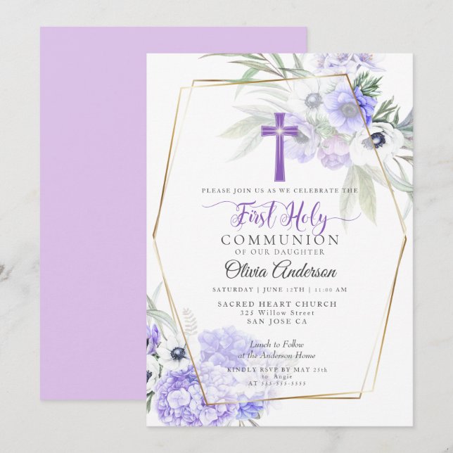 FIRST COMMUNION | Violet Anemone Floral Cross Invitation (Front/Back)