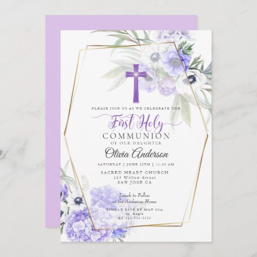 FIRST COMMUNION  Violet Anemone Floral Cross Invitation