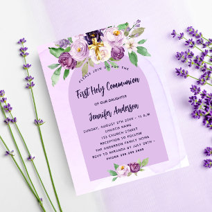 First Communion violet flowers budget invitation