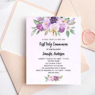 First Communion violet flowers budget invitation Flyer