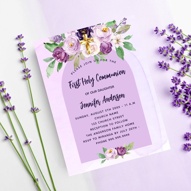 First Communion violet flowers budget invitation Flyer (Creator Uploaded)
