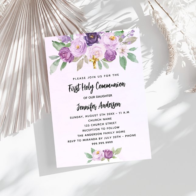 First Communion violet flowers greenery cross Invitation (Creator Uploaded)